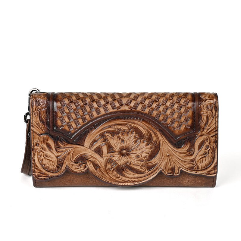 Chinese Style Embossed Wallet Top Layer Long Cowhide Fashion $59.99 Dana Fashion Color: Retro Coffee Women's Bags Product information: Pattern: Flowers Lining texture: Polyester Applicable scenarios: Daily matching Color: retro brown, retro black, retro c