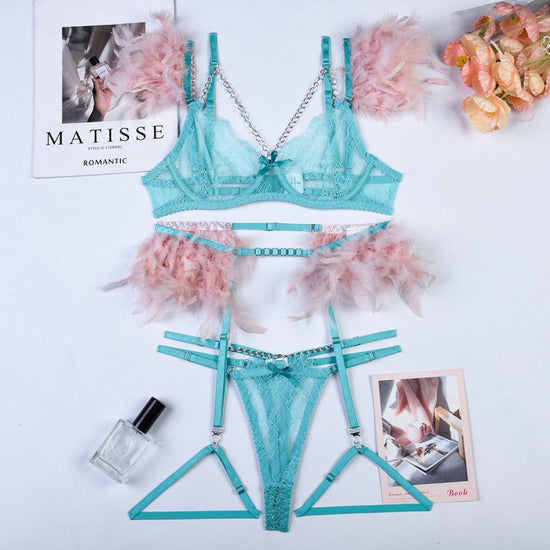 Christma Chains Lace Sexy Lingerie Women Underwear Bra Pa $59.90 Dana Fashion Color: Green Splicing Pink Size: L Women's clothing Product information: Fabric name: lace Color: red, green splicing pink, black, Lake blue, blue, white, nude pink, rose red, p