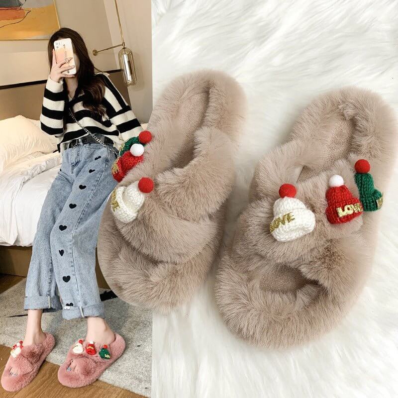 Christmas Hat Fluffy Slippers Women's Warm Toe Covering Cotton Slippers $49.50 Dana Fashion Color: Beige Size: 35 Women's shoes Product information: Sole material: rubber Shoe Upper material: Plush Applicable Gender: Female Thickness: thickening Sole craf