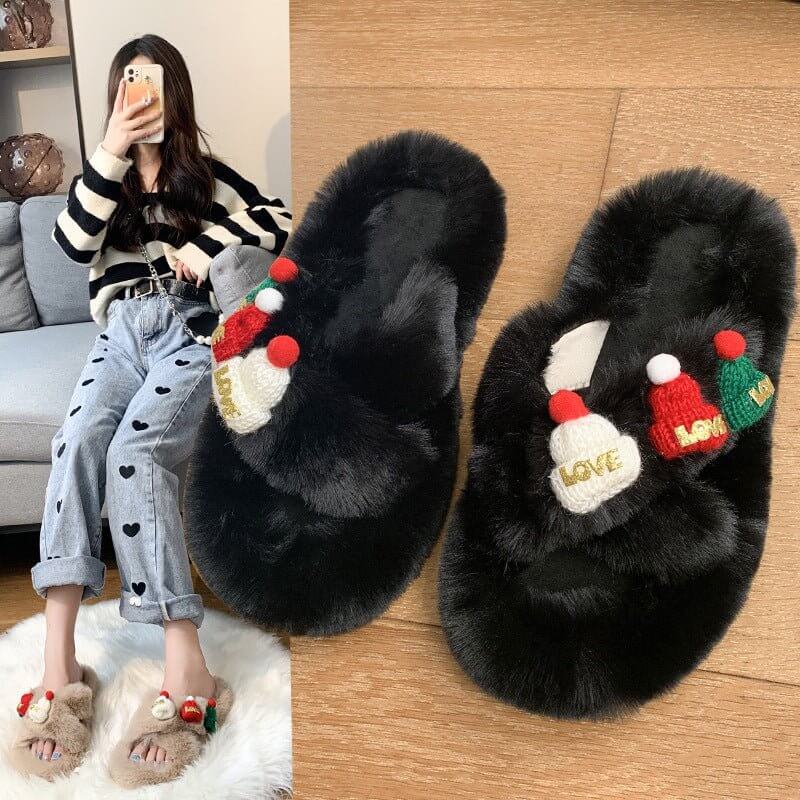 Christmas Hat Fluffy Slippers Women's Warm Toe Covering Cotton Slippers $49.50 Dana Fashion Color: Beige Size: 35 Women's shoes Product information: Sole material: rubber Shoe Upper material: Plush Applicable Gender: Female Thickness: thickening Sole craf