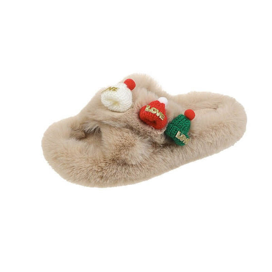 Christmas Hat Fluffy Slippers Women's Warm Toe Covering Cotton Slippers $49.50 Dana Fashion Color: Khaki Size: 35 Women's shoes Product information: Sole material: rubber Shoe Upper material: Plush Applicable Gender: Female Thickness: thickening Sole craf