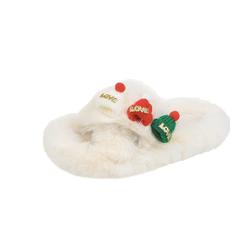 Christmas Hat Fluffy Slippers Women's Warm Toe Covering Cotton Slippers $49.50 Dana Fashion Color: Beige Size: 35 Women's shoes Product information: Sole material: rubber Shoe Upper material: Plush Applicable Gender: Female Thickness: thickening Sole craf