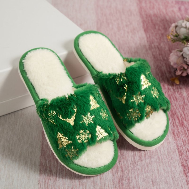 Christmas Plush Open Toe Cotton Slippers $29.47 Dana Fashion Color: Green Size: 36to37 Women's shoes Product information: Color: creamy-white, green, red Size: 36-37,38-39,40-41,42-43,44-45 Sole craft: sewing shoes Sole material: EVA Popular elements: Flo