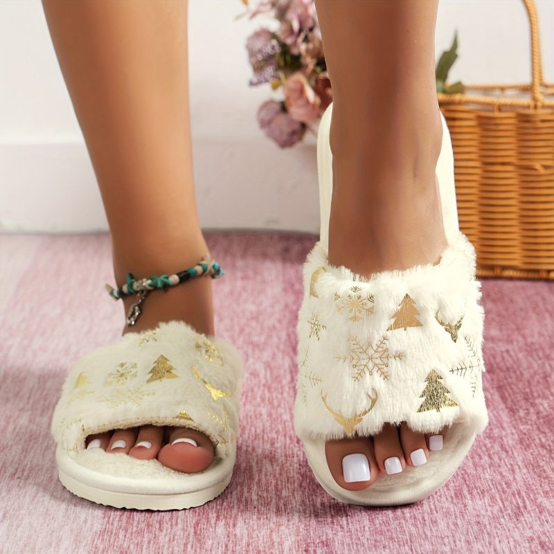 Christmas Plush Open Toe Cotton Slippers $29.47 Dana Fashion Color: Beige Size: 36to37 Women's shoes Product information: Color: creamy-white, green, red Size: 36-37,38-39,40-41,42-43,44-45 Sole craft: sewing shoes Sole material: EVA Popular elements: Flo