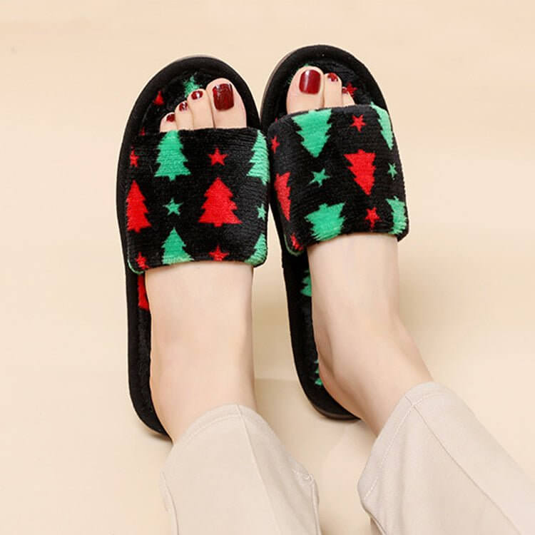 Christmas Tree Home Slippers Fashion Floor Bedroom Open-toe Plush Slippers For Women Fuzzy House Shoes $25.00 Dana Fashion Color: Christmas Tree Black Size: 36to37 Women's shoes Overview: Unique design, stylish and beautiful. Good material, comfortable fe