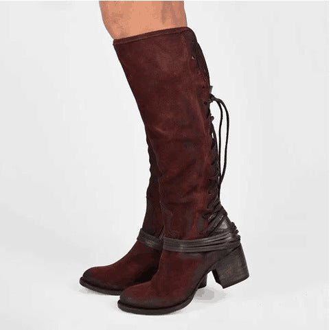 Chunky Heel High Heel Back Bandage Tall Knight Boots Women $65.99 Dana Fashion Color: Reddish Brown Size: 34 Women's shoes ข้อมูลผลิตภัณฑ์: ลวดลาย: สีพื้น วัสดุซับใน: ผ้าฝ้าย สี: ดำ, กากี, น้ำตาลแดง ความยาวของถุงเท้า: ทรงกระบอกสูง รูปร่างส้น: ส้นเตี้ยเตี้