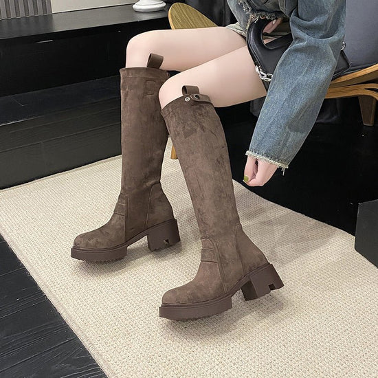 Chunky Heel Platform Long Boots Summer Boots For Women $85.00 Dana Fashion Color: Brown size: 36 Women's shoes Product information: Lining material: cloth Color: Brown Heel height: mid heel (3-5CM) Sock length: high cylinder Heel shape: chunky heel Size: