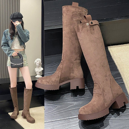 Chunky Heel Platform Long Boots Summer Boots For Women $85.00 Dana Fashion Color: Brown size: 36 Women's shoes Product information: Lining material: cloth Color: Brown Heel height: mid heel (3-5CM) Sock length: high cylinder Heel shape: chunky heel Size: