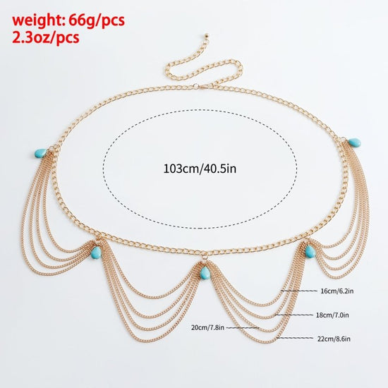 Classic Retro Turquoise Waist Belly Chain For Women Summer Beach Sexy Simple Body Chain Jewelry Accessories Gift $20.00 Dana Fashion Color: Gold Women's Accessories Jewelry maintenance. Avoid contact with chemicals. You shouldn't wear it before makeup. Av