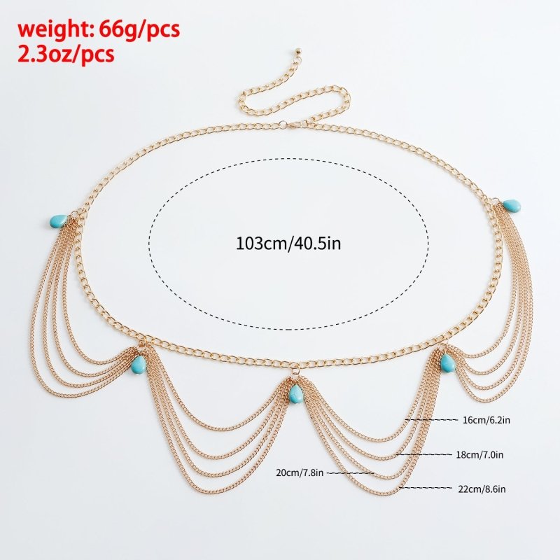 Classic Retro Turquoise Waist Belly Chain For Women Summer Beach Sexy Simple Body Chain Jewelry Accessories Gift $20.00 Dana Fashion Color: Gold Women's Accessories Jewelry maintenance. Avoid contact with chemicals. You shouldn't wear it before makeup. Av