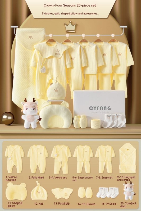 Clothes For Babies Newborn Gift Box Newborn Suit $86.98 Dana Fashion style: Yellow 20 Pieces Four Seasons Suit Height: 59cm Baby Clothing Product information: Pattern: solid color Color: white 15 pieces Four Seasons, White 15 pieces warm, white 17 pieces