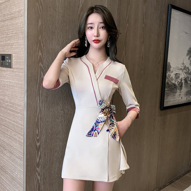Club Pedicure Technician Massage Ear Cleaning Tea Art Women's Suit $39.50 Dana Fashion Color: Champagne Size: L Women's clothing Product information: Fabric name: Chemical Fiber blending Color: Champagne Sleeve type: regular sleeve Main fabric composition