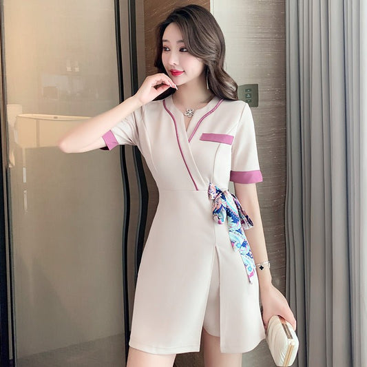 Club Pedicure Technician Massage Ear Cleaning Tea Art Women's Suit $39.50 Dana Fashion Color: Champagne Size: L Women's clothing Product information: Fabric name: Chemical Fiber blending Color: Champagne Sleeve type: regular sleeve Main fabric composition