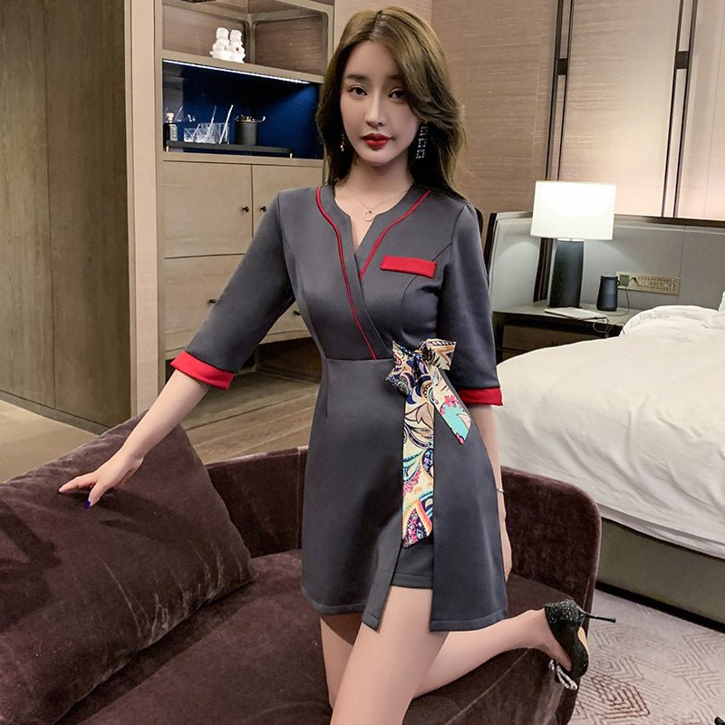Club Pedicure Technician Massage Ear Cleaning Tea Art Women's Suit $39.50 Dana Fashion Color: Champagne Size: L Women's clothing Product information: Fabric name: Chemical Fiber blending Color: Champagne Sleeve type: regular sleeve Main fabric composition