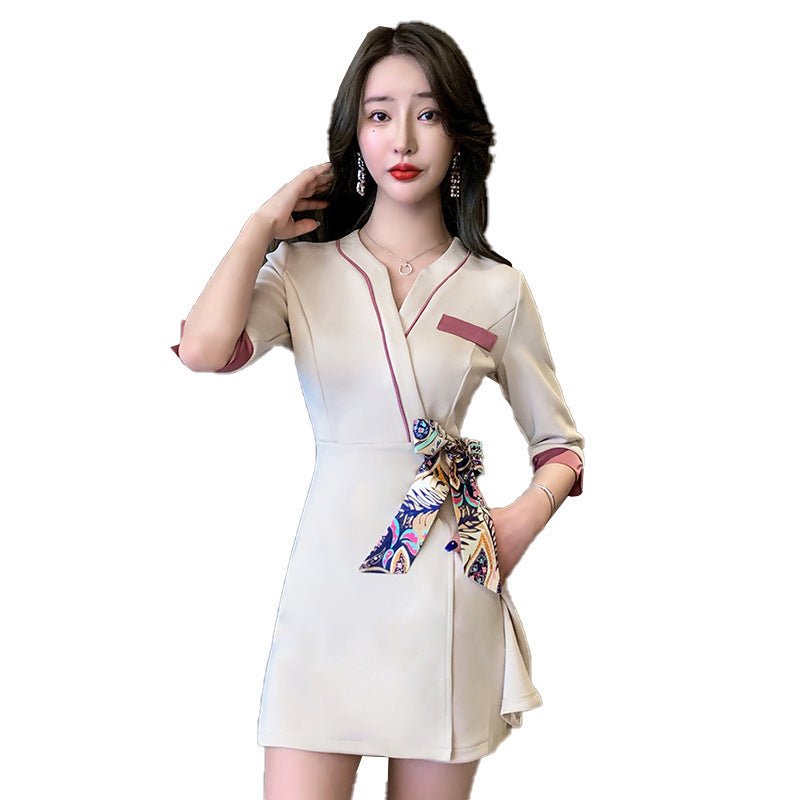 Club Pedicure Technician Massage Ear Cleaning Tea Art Women's Suit $39.50 Dana Fashion Color: Champagne Size: L Women's clothing Product information: Fabric name: Chemical Fiber blending Color: Champagne Sleeve type: regular sleeve Main fabric composition