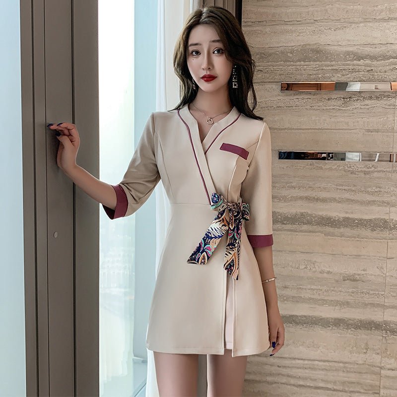 Club Pedicure Technician Massage Ear Cleaning Tea Art Women's Suit $39.50 Dana Fashion Color: Champagne Size: L Women's clothing Product information: Fabric name: Chemical Fiber blending Color: Champagne Sleeve type: regular sleeve Main fabric composition
