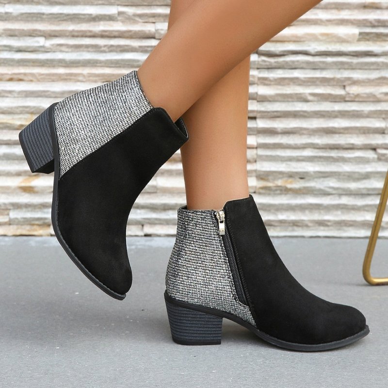 Color-blocking Sequin Chunky Heel Plus Size Side Zip Short Boots Women $52.99 Dana Fashion Color: Black Size: 36 Women's shoes Product information: Pattern: solid color Lining material: imitation leather Color: Black Length of socks: Middle calf Heel shap