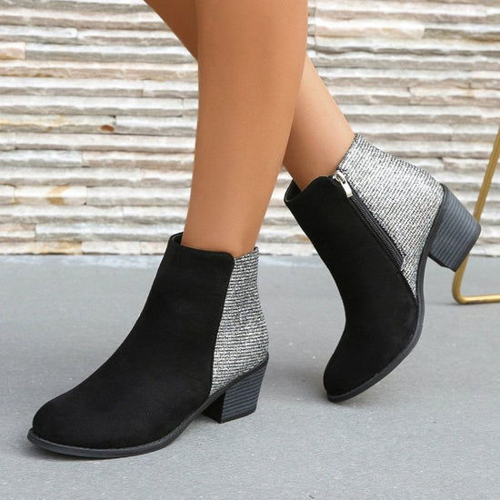 Color-blocking Sequin Chunky Heel Plus Size Side Zip Short Boots Women $52.99 Dana Fashion Color: Black Size: 36 Women's shoes Product information: Pattern: solid color Lining material: imitation leather Color: Black Length of socks: Middle calf Heel shap