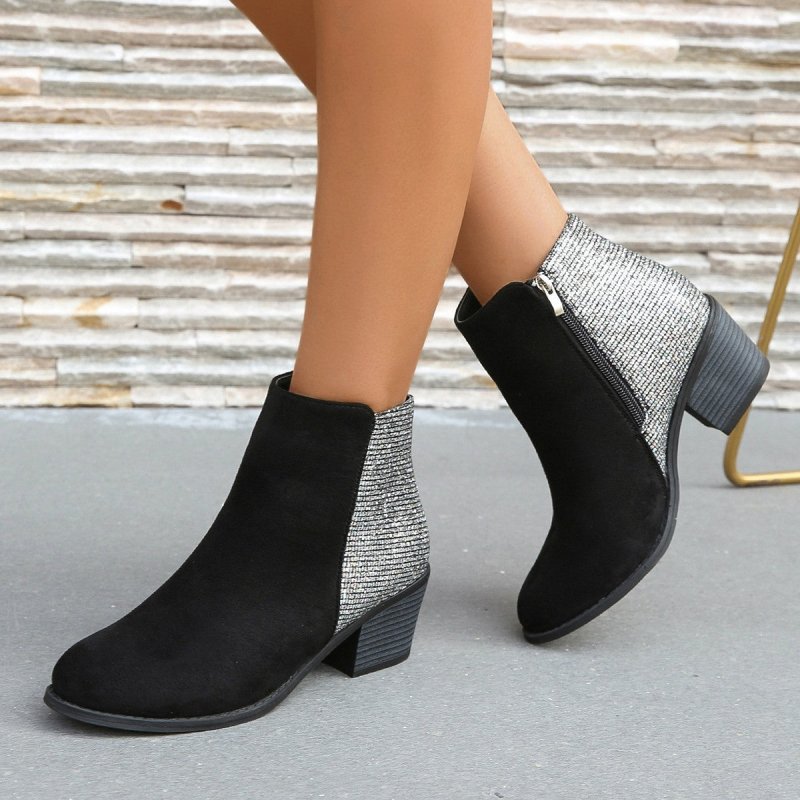 Color-blocking Sequin Chunky Heel Plus Size Side Zip Short Boots Women $52.99 Dana Fashion Color: Black Size: 36 Women's shoes Product information: Pattern: solid color Lining material: imitation leather Color: Black Length of socks: Middle calf Heel shap