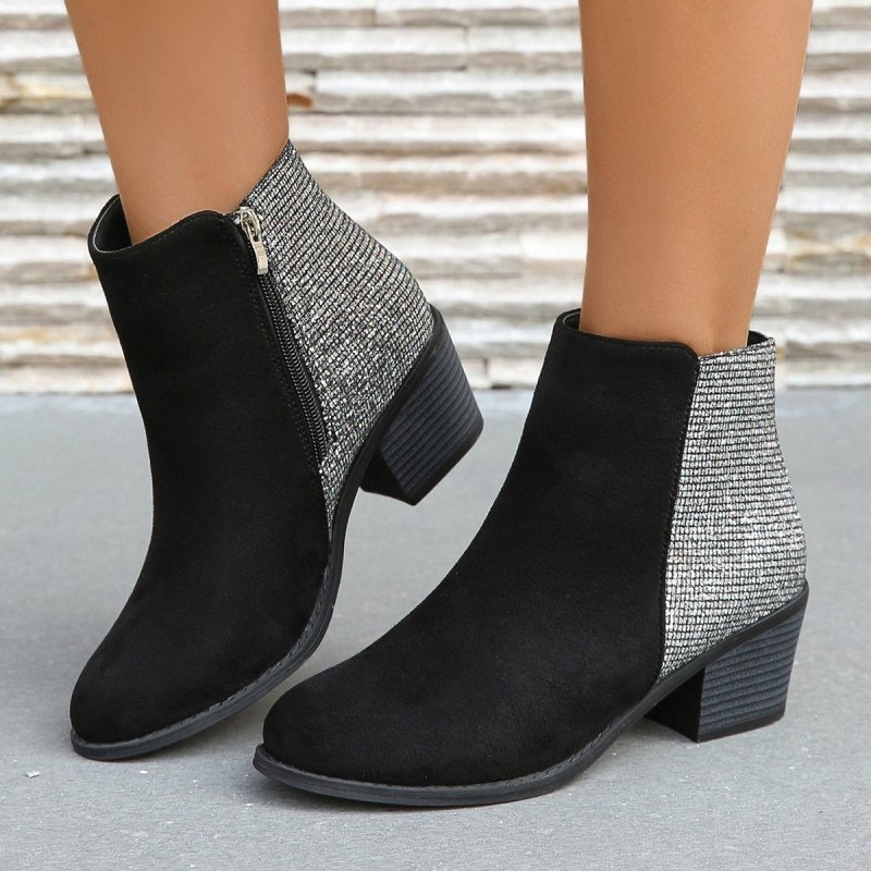 Color-blocking Sequin Chunky Heel Plus Size Side Zip Short Boots Women $52.99 Dana Fashion Color: Black Size: 36 Women's shoes Product information: Pattern: solid color Lining material: imitation leather Color: Black Length of socks: Middle calf Heel shap
