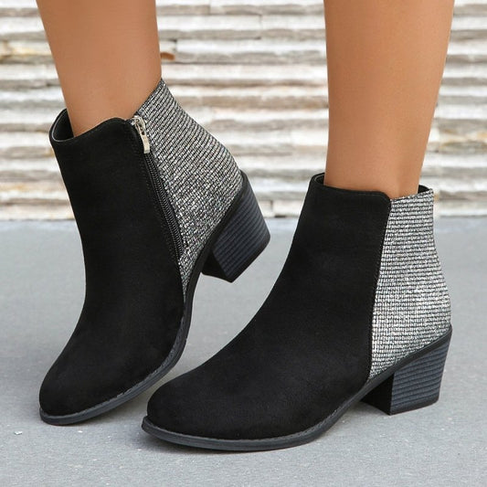 Color-blocking Sequin Chunky Heel Plus Size Side Zip Short Boots Women $52.99 Dana Fashion Color: Black Size: 36 Women's shoes Product information: Pattern: solid color Lining material: imitation leather Color: Black Length of socks: Middle calf Heel shap