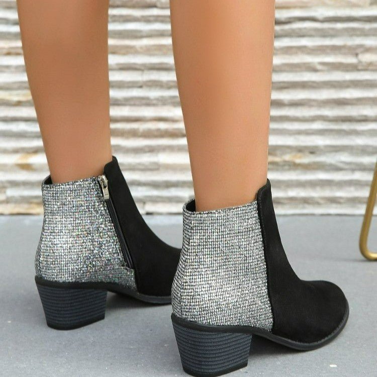 Color-blocking Sequin Chunky Heel Plus Size Side Zip Short Boots Women $52.99 Dana Fashion Color: Black Size: 36 Women's shoes Product information: Pattern: solid color Lining material: imitation leather Color: Black Length of socks: Middle calf Heel shap