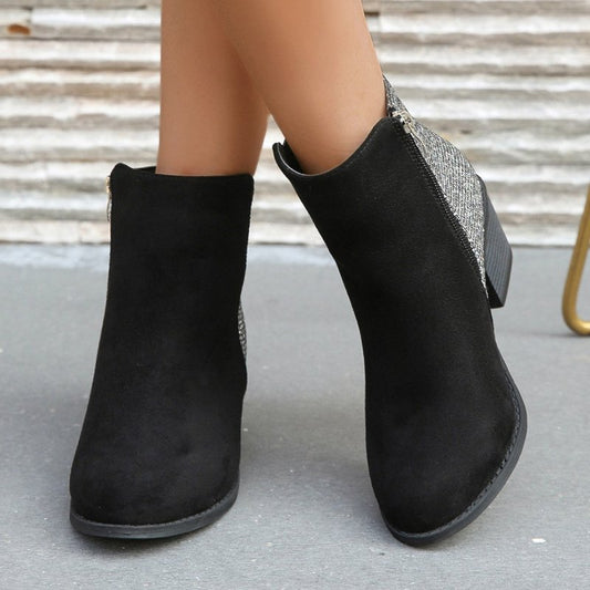 Color-blocking Sequin Chunky Heel Plus Size Side Zip Short Boots Women $52.99 Dana Fashion Color: Black Size: 36 Women's shoes Product information: Pattern: solid color Lining material: imitation leather Color: Black Length of socks: Middle calf Heel shap