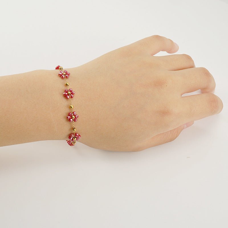Color Crystal Flowers Stainless Steel Bracelet $17.50 Dana Fashion Color: Dark Red Bracelet Women's Accessories Product information: Treatment Process: Electroplating Color: Black bracelet, dark red bracelet, blue bracelet, bronze bracelet, green bracelet