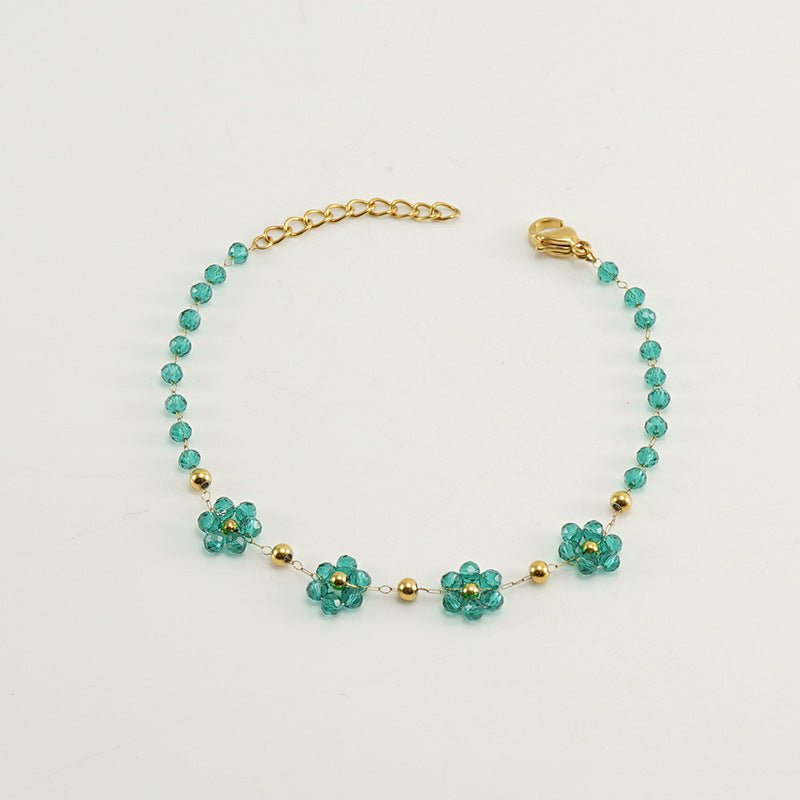 Color Crystal Flowers Stainless Steel Bracelet $17.50 Dana Fashion Color: Green Bracelet Women's Accessories Product information: Treatment Process: Electroplating Color: Black bracelet, dark red bracelet, blue bracelet, bronze bracelet, green bracelet, b