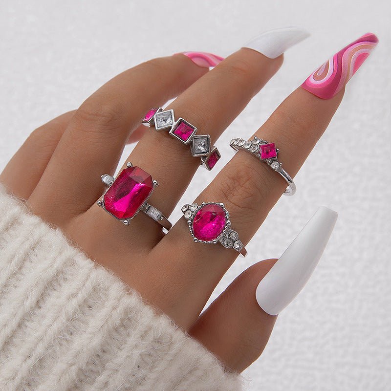 Color Diamond Four-piece Ring $12.00 Dana Fashion Color: 23643silver rosered Women's Accessories Product information: Type: Ring Treatment Process: Electroplating Color: 23643-Green, 23643-Rose Red, 23643-blue, 23643-silver Green, 23643-black, 23643-Silve