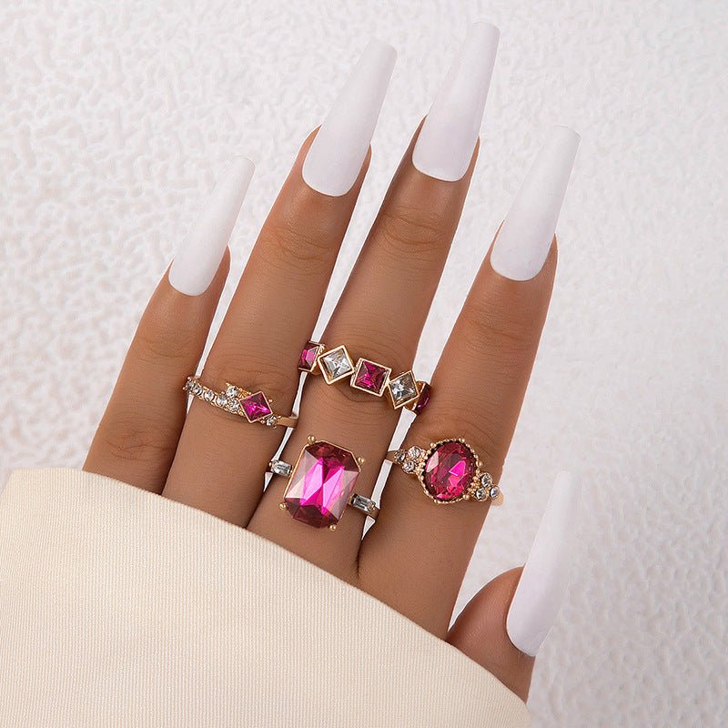 Color Diamond Four-piece Ring $12.00 Dana Fashion Color: 23643rose red Women's Accessories Product information: Type: Ring Treatment Process: Electroplating Color: 23643-Green, 23643-Rose Red, 23643-blue, 23643-silver Green, 23643-black, 23643-Silver Rose