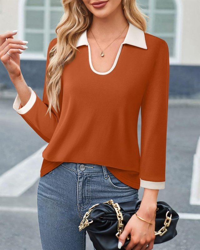 Color Matching Lapel Long Sleeve Top Women $39.23 Dana Fashion Color: Orange Red Top Size: L Women's clothing Product information: Color: orange, blue, black, gray, green, red Sleeve type: regular sleeve Main fabric composition: Polyester Version: Regular