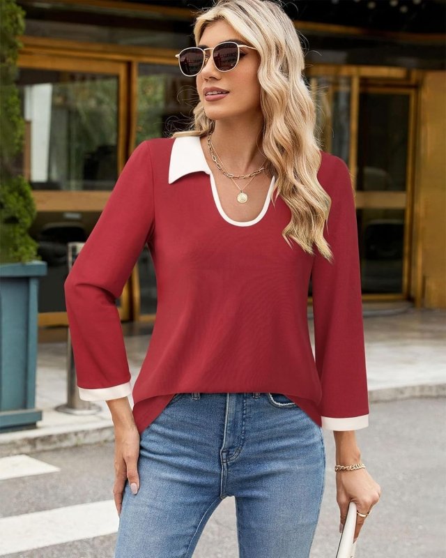 Color Matching Lapel Long Sleeve Top Women $39.23 Dana Fashion Color: Red Top Size: L Women's clothing Product information: Color: orange, blue, black, gray, green, red Sleeve type: regular sleeve Main fabric composition: Polyester Version: Regular Length