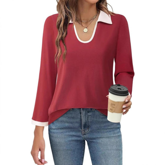 Color Matching Lapel Long Sleeve Top Women $39.23 Dana Fashion Color: Black Top Size: L Women's clothing Product information: Color: orange, blue, black, gray, green, red Sleeve type: regular sleeve Main fabric composition: Polyester Version: Regular Leng