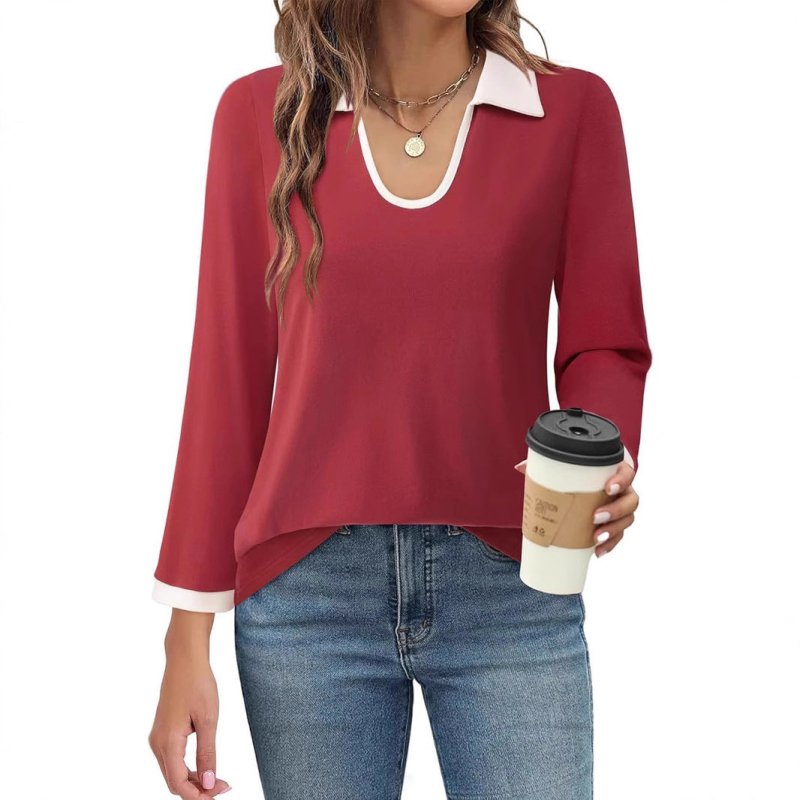 Color Matching Lapel Long Sleeve Top Women $39.23 Dana Fashion Color: Black Top Size: L Women's clothing Product information: Color: orange, blue, black, gray, green, red Sleeve type: regular sleeve Main fabric composition: Polyester Version: Regular Leng