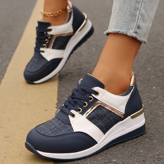 Colorblock Lace-Up Sneakers Fashion Casual Thick-soled Sports Shoes Women's Round Toe Slip On Casual Shoes $43.28 Dana Fashion Color: Blue Size: Size37 Women's shoes Product information: Style: Casual Popular elements: Shallow mouth, leather stitching Toe