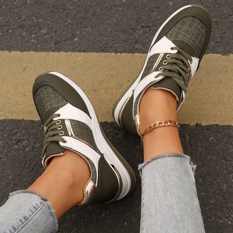 Colorblock Lace-Up Sneakers Fashion Casual Thick-soled Sports Shoes Women's Round Toe Slip On Casual Shoes $43.28 Dana Fashion Color: Green Size: Size37 Women's shoes Product information: Style: Casual Popular elements: Shallow mouth, leather stitching To