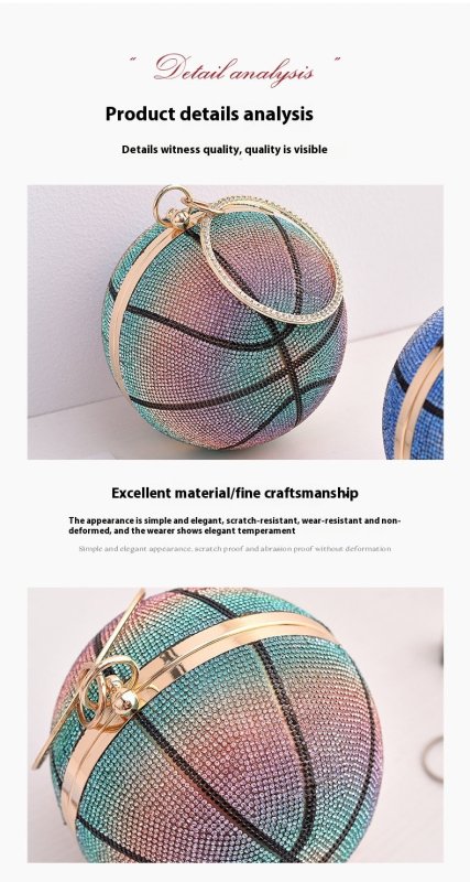Colorful Basketball Dinner Bag Round Full Diamond $57.70 Dana Fashion Color: Blue Size: Diameter 14cm Women's Bags Product information: Lining text: PU Applicable scenarios: Daily match Color: blue, purple, pink (gradient), color, Gold Type outer bag: out