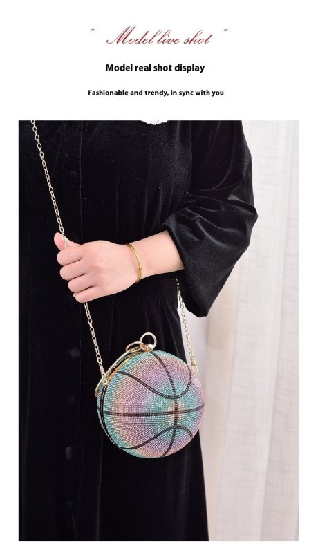 Colorful Basketball Dinner Bag Round Full Diamond $57.70 Dana Fashion Color: Blue Size: Diameter 14cm Women's Bags Product information: Lining text: PU Applicable scenarios: Daily match Color: blue, purple, pink (gradient), color, Gold Type outer bag: out