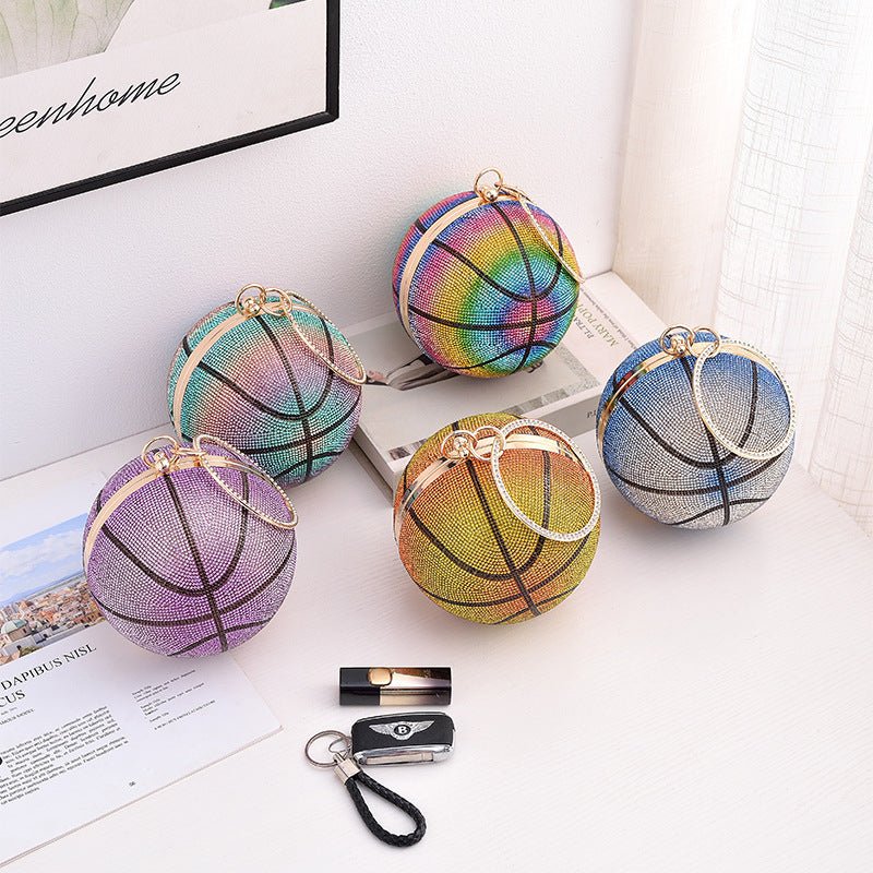 Colorful Basketball Dinner Bag Round Full Diamond $57.70 Dana Fashion Color: Blue Size: Diameter 14cm Women's Bags Product information: Lining text: PU Applicable scenarios: Daily match Color: blue, purple, pink (gradient), color, Gold Type outer bag: out