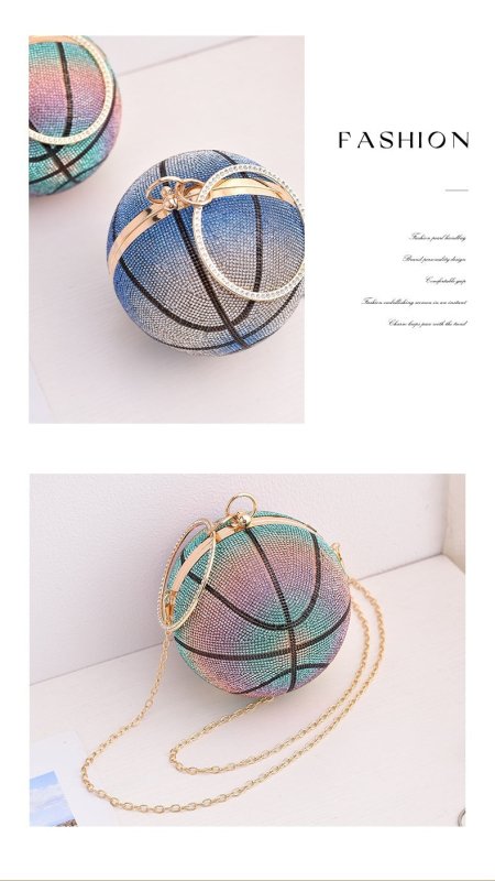 Colorful Basketball Dinner Bag Round Full Diamond $57.70 Dana Fashion Color: Blue Size: Diameter 14cm Women's Bags Product information: Lining text: PU Applicable scenarios: Daily match Color: blue, purple, pink (gradient), color, Gold Type outer bag: out