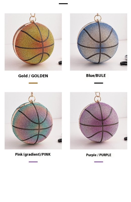 Colorful Basketball Dinner Bag Round Full Diamond $57.70 Dana Fashion Color: Blue Size: Diameter 14cm Women's Bags Product information: Lining text: PU Applicable scenarios: Daily match Color: blue, purple, pink (gradient), color, Gold Type outer bag: out
