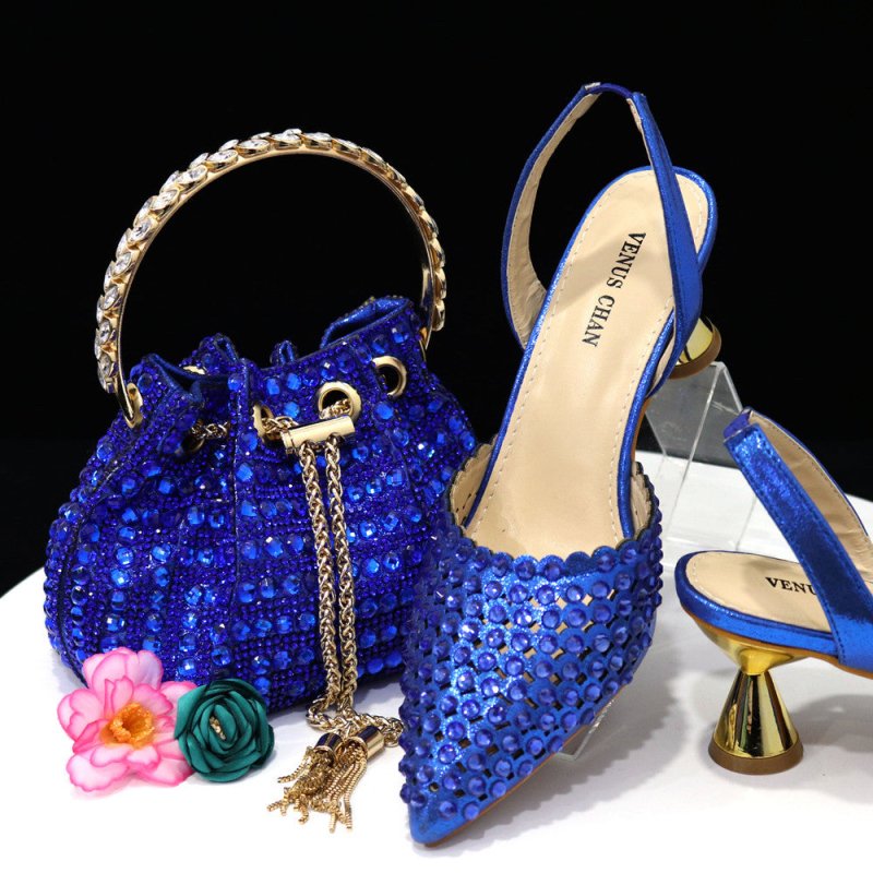 Colorful Stone Bucket Handbag With Pointed Toe Women's Pumps Middle Heel $169.00 Dana Fashion Color: Blue Size: 37 Women's shoes Product information: Pattern: Abstract Lining material: PU Color: black, silver, wine red, blue, green, gold, Champagne Heel h