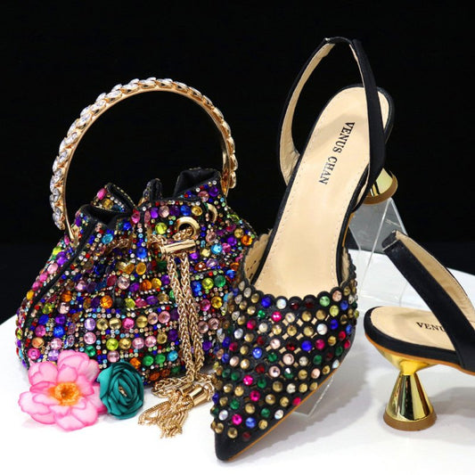 Colorful Stone Bucket Handbag With Pointed Toe Women's Pumps Middle Heel $169.00 Dana Fashion Color: Black Color Size: 37 Women's shoes Product information: Pattern: Abstract Lining material: PU Color: black, silver, wine red, blue, green, gold, Champagne