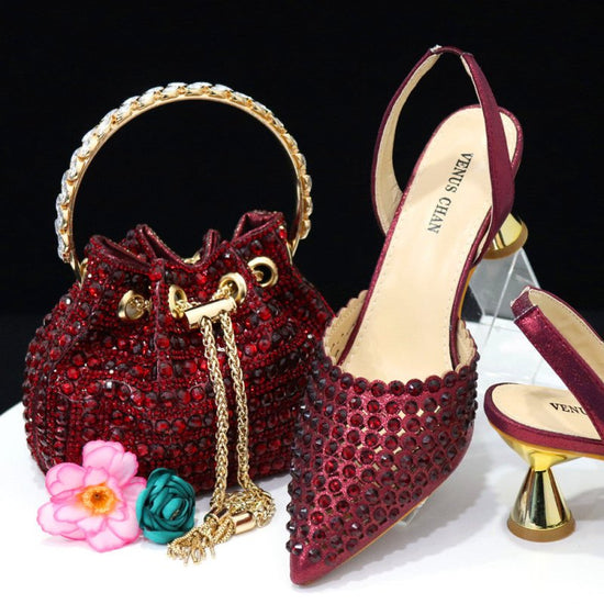 Colorful Stone Bucket Handbag With Pointed Toe Women's Pumps Middle Heel $169.00 Dana Fashion Color: Wine Red Size: 37 Women's shoes Product information: Pattern: Abstract Lining material: PU Color: black, silver, wine red, blue, green, gold, Champagne He