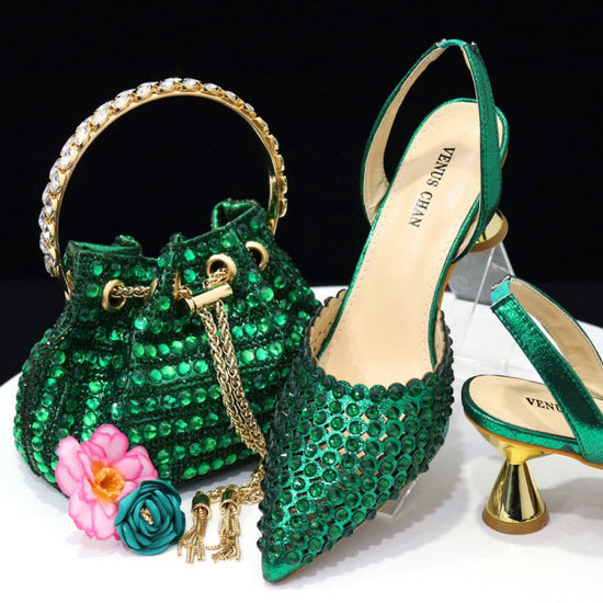 Colorful Stone Bucket Handbag With Pointed Toe Women's Pumps Middle Heel $169.00 Dana Fashion Color: Green Size: 37 Women's shoes Product information: Pattern: Abstract Lining material: PU Color: black, silver, wine red, blue, green, gold, Champagne Heel