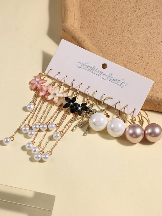 Combination Style 6 Pairs Of Temperament Personality Internet Famous Long Pearl Earrings With Crystal Flowers Simple And Versatile Earrings $35.50 Dana Fashion Color: Colorful Women's Accessories Product information: Material: Alloy Style: European and Am