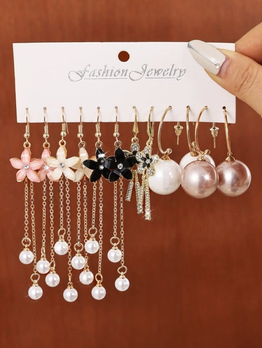 Combination Style 6 Pairs Of Temperament Personality Internet Famous Long Pearl Earrings With Crystal Flowers Simple And Versatile Earrings $35.50 Dana Fashion Color: Colorful Women's Accessories Product information: Material: Alloy Style: European and Am