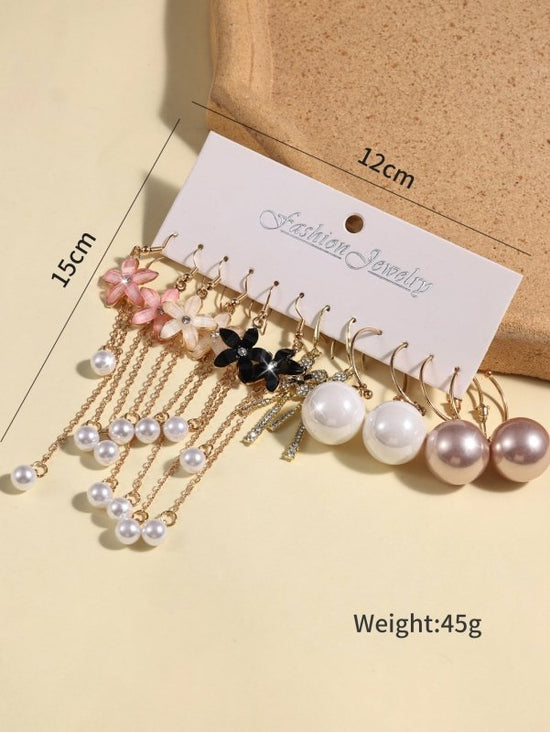 Combination Style 6 Pairs Of Temperament Personality Internet Famous Long Pearl Earrings With Crystal Flowers Simple And Versatile Earrings $35.50 Dana Fashion Color: Colorful Women's Accessories Product information: Material: Alloy Style: European and Am