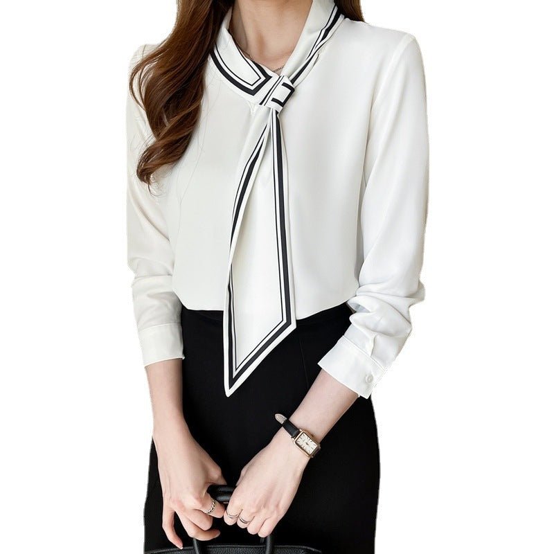 Commuter Printed Tie-neck Shirt For Women $46.85 Dana Fashion Color: White Size: L Women's clothing Product information: Fabric name: Polyester Color: White Size: S,M,L,XL,XXL Popular elements: contrast color Style: pullover Style: casual style Craft: col